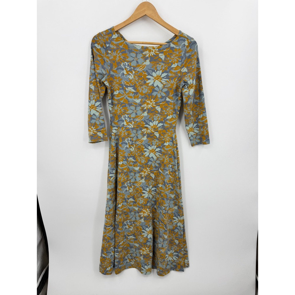 Pact Fit and Flare Midi open back Dress Women Size S Blue Yellow Floral Twist